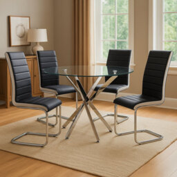 Kosy Koala Round Glass Dining Table Set With 4 White And Black Chairs Dining Room Furniture - thumbnail 3