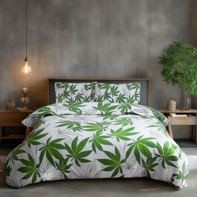 Duvet Cover And Pillowcase Set Leaf Design Polycotton Bed Linen White - image 1