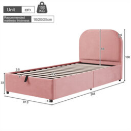 Abrihome Upholstered Bed, Single Bed, Children's Bed 90 X 190Cm, With Hydraulic Storage & Upholstered Headboard, Velvet, Pink - thumbnail 8
