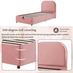 Abrihome Upholstered Bed, Single Bed, Children's Bed 90 X 190Cm, With Hydraulic Storage & Upholstered Headboard, Velvet, Pink - thumbnail 4