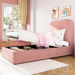 Abrihome Upholstered Bed, Single Bed, Children's Bed 90 X 190Cm, With Hydraulic Storage & Upholstered Headboard, Velvet, Pink - thumbnail 1
