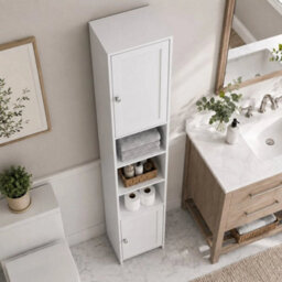 White Tall Bathroom Storage Cabinet 2 Door Mdf Freestanding - thumbnail 5