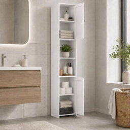 White Tall Bathroom Storage Cabinet 2 Door Mdf Freestanding - thumbnail 4