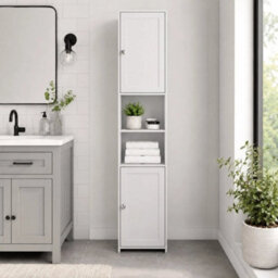 White Tall Bathroom Storage Cabinet 2 Door Mdf Freestanding - thumbnail 1