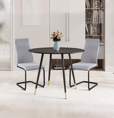 Hallowood Furniture Finley Small Round Dining Table In Black Finish With 2 High Back Light Grey Fabric Chairs - image 1