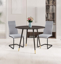 Hallowood Furniture Finley Small Round Dining Table In Black Finish With 2 High Back Light Grey Fabric Chairs - thumbnail 1