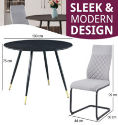 Hallowood Furniture Finley Small Round Dining Table In Black Finish With 2 High Back Light Grey Fabric Chairs - thumbnail 3