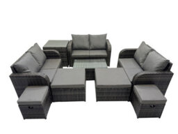 Fimous Outdoor Love Sofa Coffee Table Set Garden Rattan Furniture Set 10 Seater With 4 Stools Side Table Dark Grey - thumbnail 1