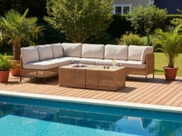 Beliani Garden Corner Sofa With Table 6 Seater Omegana Modular Pe Rattan Light Beige - thumbnail 2