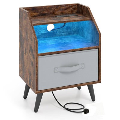 Costway Nightstand With Led Lights & Power Outlets Rustic Brown/white - image 1