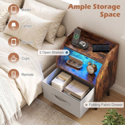 Costway Nightstand With Led Lights & Power Outlets Rustic Brown/white - thumbnail 6