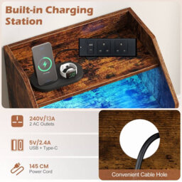 Costway Nightstand With Led Lights & Power Outlets Rustic Brown/white - thumbnail 5