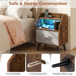 Costway Nightstand With Led Lights & Power Outlets Rustic Brown/white - thumbnail 7