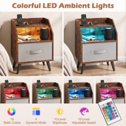 Costway Nightstand With Led Lights & Power Outlets Rustic Brown/white - thumbnail 4