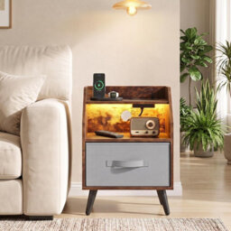 Costway Nightstand With Led Lights & Power Outlets Rustic Brown/white - thumbnail 3