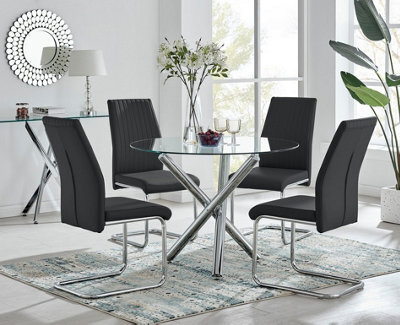 Furniturebox Uk Selina Round Glass And Chrome Metal Dining Table And 4 Black Lorenzo Chairs Set - image 1