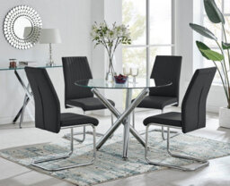 Furniturebox Uk Selina Round Glass And Chrome Metal Dining Table And 4 Black Lorenzo Chairs Set - thumbnail 1