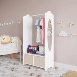 Urbn-Living Urbnliving 120Cm Height Kids White Wooden Hanging Clothes Rail Beige Wardrobe Storage Shelves With Mirror