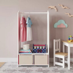 Urbn-Living Urbnliving 120Cm Height Kids White Wooden Hanging Clothes Rail Beige Wardrobe Storage Shelves With Mirror - thumbnail 2