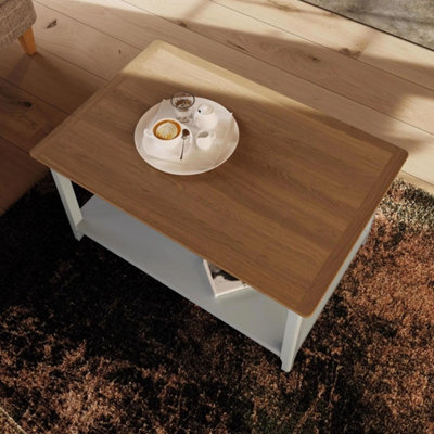 Linen Cream Coffee Table Oak Veneer Top With Storage Shelf Furniture - image 1