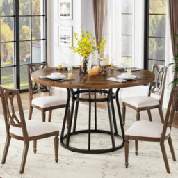 Round Dining Table For 4 People, 120Cm Circle Kitchen Table With Metal Base - thumbnail 4