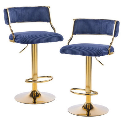 Set Of 2 Blue Corduroy Bar Stools Gas Lift Breakfast Kitchen Bar Paded Chairs - image 1