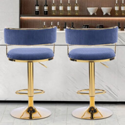 Set Of 2 Blue Corduroy Bar Stools Gas Lift Breakfast Kitchen Bar Paded Chairs - thumbnail 5