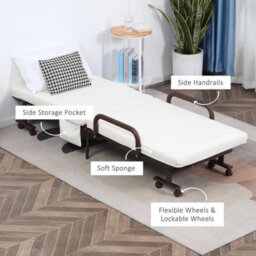 Folding Bed With Mattress & Wheels, Adjustable Backrest Guest, White - thumbnail 4