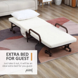 Folding Bed With Mattress & Wheels, Adjustable Backrest Guest, White - thumbnail 5