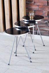 Nest Of 3 Black Tables With Silver Metal Pipe Legs - thumbnail 2