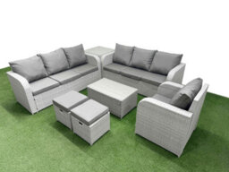Fimous 9 Seater Poly Rattan Outdoor Garden Furniture Sofa Set 3 Seater Sofa Stools Side Table Light Grey - thumbnail 2