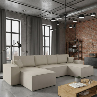 Malaga U Mdf Upholstered Living Room Corner Sofa Bed With Storage Free Standing Backrest 370X181X94Cm Beige - image 1