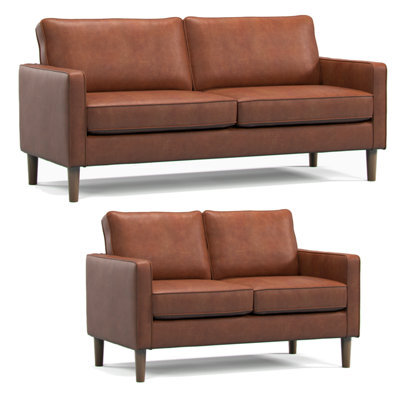 Furnishings For Less UK Bexhill Tan  Faux Leather  Boxed Arm Sofa Suite 3 + 2 Sofas - image 1