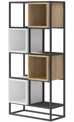 Arte Arthauss Modern Metal Bookcase H1440mm W660mm D350mm, Black Frame, White & Natural Cube Shelves, High Storage Solution - image 1