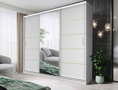 Fhif Ibiza Gold  250Cm White Sliding Door Wardrobe Modern Bedroom Storage With Full Length Mirror Shelves And Hanging Rails - image 1