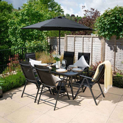Primrose 6 Seater Metal Garden Furniture Set With Parasol Reclining Chairs Glass Table In Black - image 1