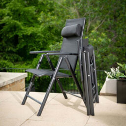 Primrose 6 Seater Metal Garden Furniture Set With Parasol Reclining Chairs Glass Table In Black - thumbnail 9