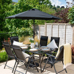 Primrose 6 Seater Metal Garden Furniture Set With Parasol Reclining Chairs Glass Table In Black - thumbnail 2
