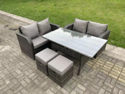 Fimous 6 Seater Dark Grey Pe Rattan Garden Furniture Set Love Sofa 2 Seater Sofa Set Outdoor Rectangular Dining Table - thumbnail 1