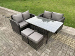 Fimous 6 Seater Dark Grey Pe Rattan Garden Furniture Set Love Sofa 2 Seater Sofa Set Outdoor Rectangular Dining Table - thumbnail 2