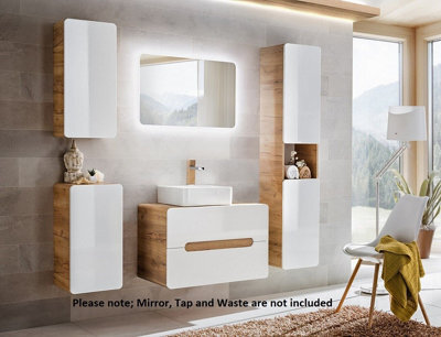 Impact Furniture Bathroom Cabinets Furniture Set 800mm Countertop Vanity Sink Unit Drawer And Tall Wall Cabinet White Gloss Oak Arub - image 1