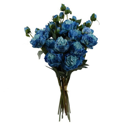 Leaf 6 X 55Cm Blue Peony Artificial Flower Stems - 24 Flowers 18 Buds - image 1