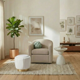 Wyld and Coco Glamorous White Velvet Pouffe With Gold-Tone Base 43Cm - Compact Round Seat - thumbnail 2