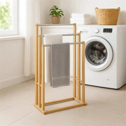 3-Tier Steel Rod Top-Wooden Towel Rail Holder Cloth Drying Stand Bathroom Free Standing - thumbnail 5