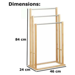 3-Tier Steel Rod Top-Wooden Towel Rail Holder Cloth Drying Stand Bathroom Free Standing - thumbnail 2