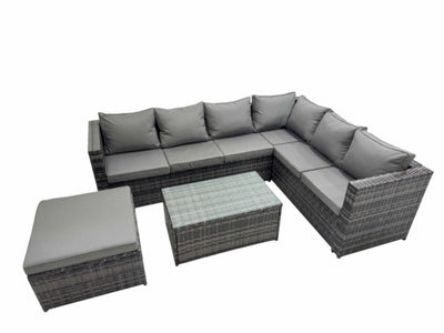 Fimous Outdoor Pe Rattan Garden Furniture Sofa Set With Oblong Coffee Table Big Stool Dark Grey - image 1