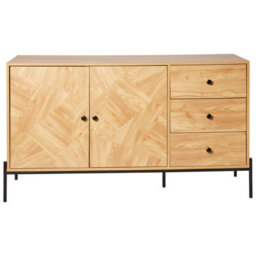 Wyld And Coco Novacraft Sideboard With 3 Drawers And Cabinet, Light Wood Finish With Black Metal Base - thumbnail 1