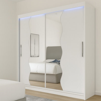 Bega X180 Wardrobe 180Cm With Sliding Doors Mirro Hanging Rail Shelves Modern Bedroom Storage White Led - image 1