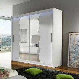 Bega X180 Wardrobe 180Cm With Sliding Doors Mirro Hanging Rail Shelves Modern Bedroom Storage White Led - thumbnail 2