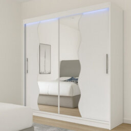 Bega X180 Wardrobe 180Cm With Sliding Doors Mirro Hanging Rail Shelves Modern Bedroom Storage White Led - thumbnail 1